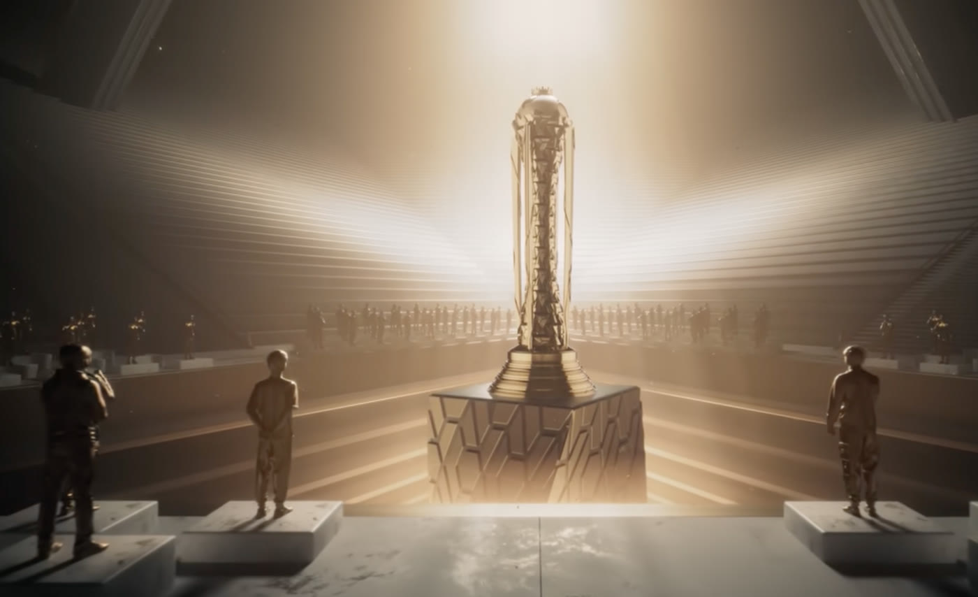 Trophée doré de l'Esports World Cup sur son socle, entouré de statues de joueurs